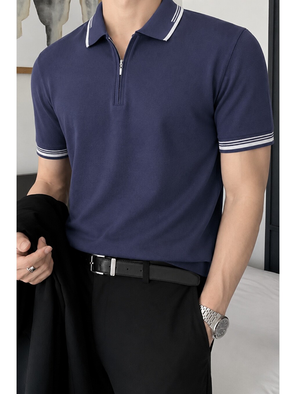 Lacivert Erkek Fermuar Yaka Triko Polo Tişört – Slim Fit Pamuklu Yazlık Triko