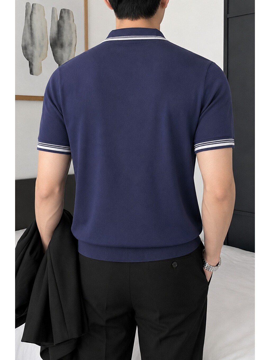 Lacivert Erkek Fermuar Yaka Triko Polo Tişört – Slim Fit Pamuklu Yazlık Triko-2