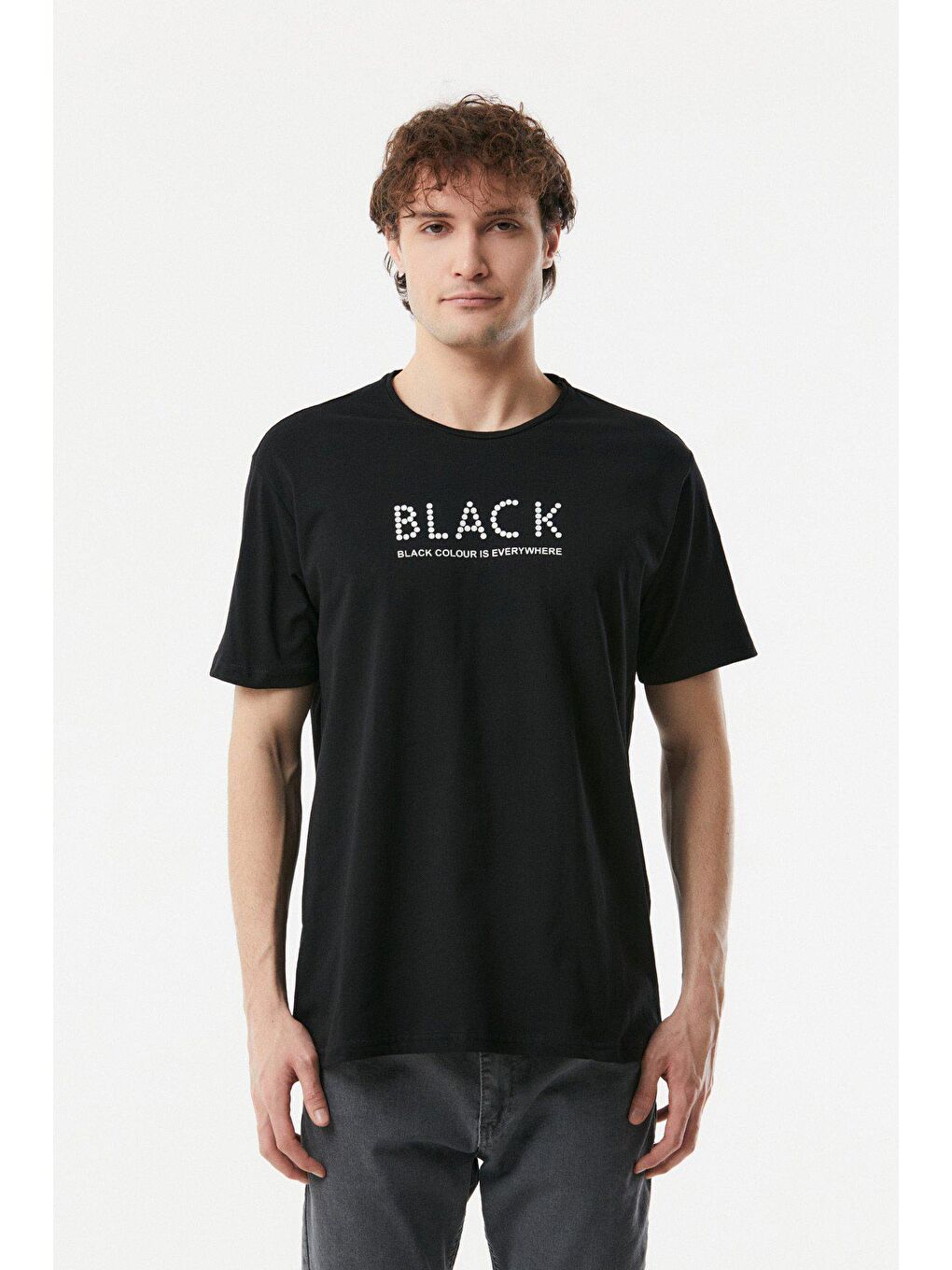 Siyah Baskılı Bisiklet Yaka Tişört-4