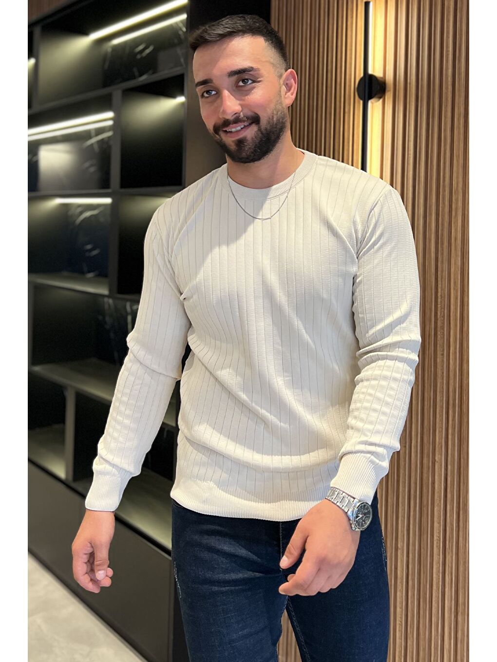 Bej Bisiklet Yaka Erkek Triko Kazak-1