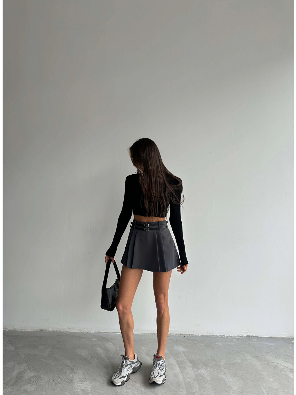 Gri Kadın Antrasit Çift Kemerli Etek 0999-9079-2