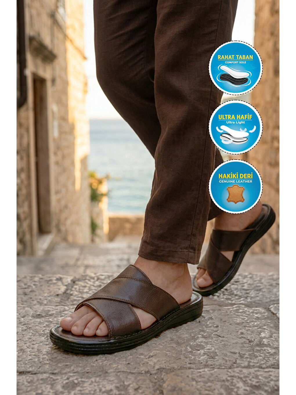 Kahverengi Kahve Hakiki Deri Yumuşak Taban Erkek Terlik 8523 M-2
