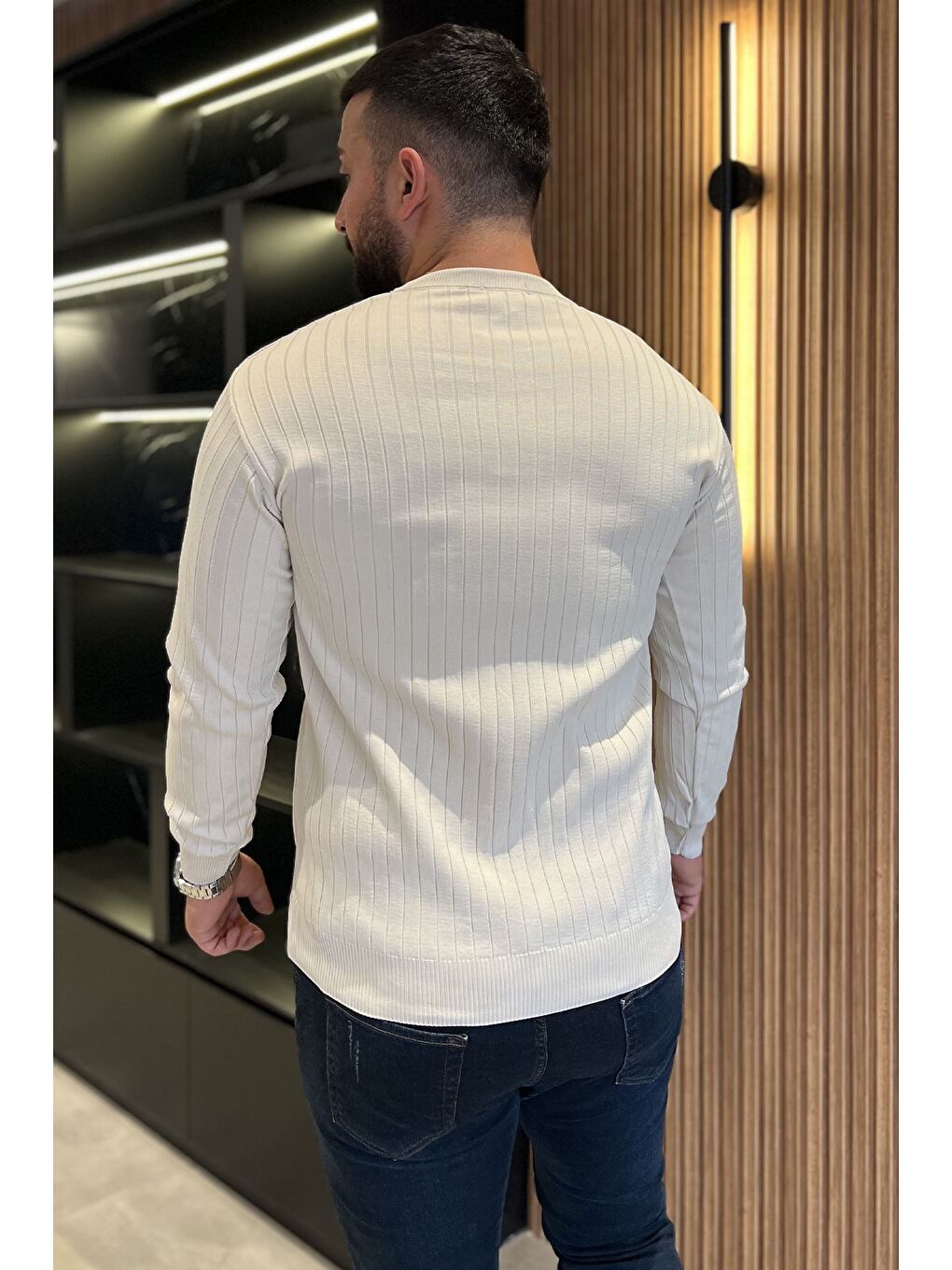 Bej Bisiklet Yaka Erkek Triko Kazak-2