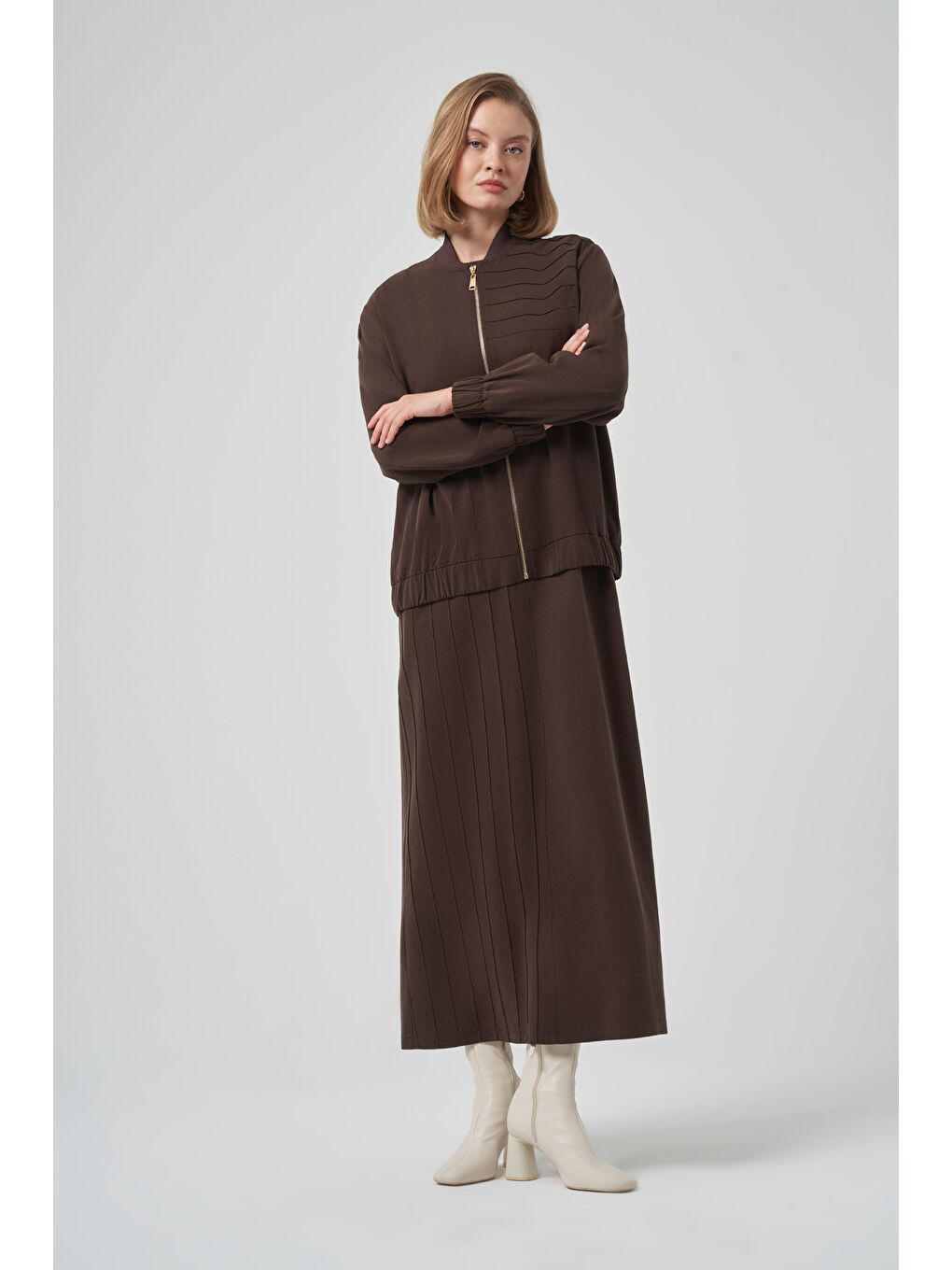 Bomber Ceket Elbise Takım 1036 Kahverengi-2