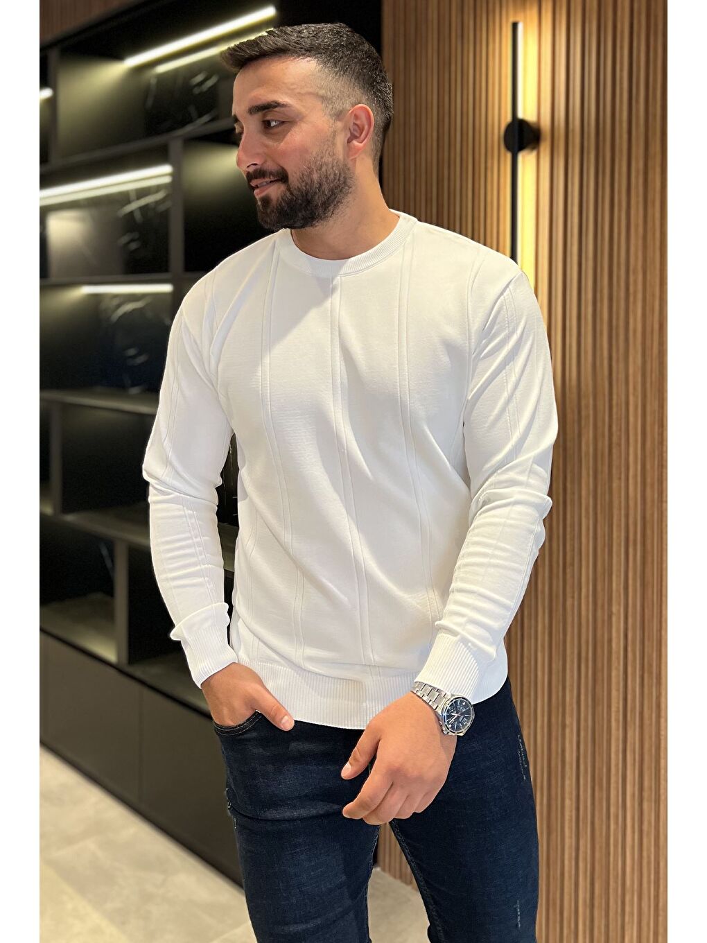 Beyaz Erkek Bisiklet Yaka Triko Kazak-1