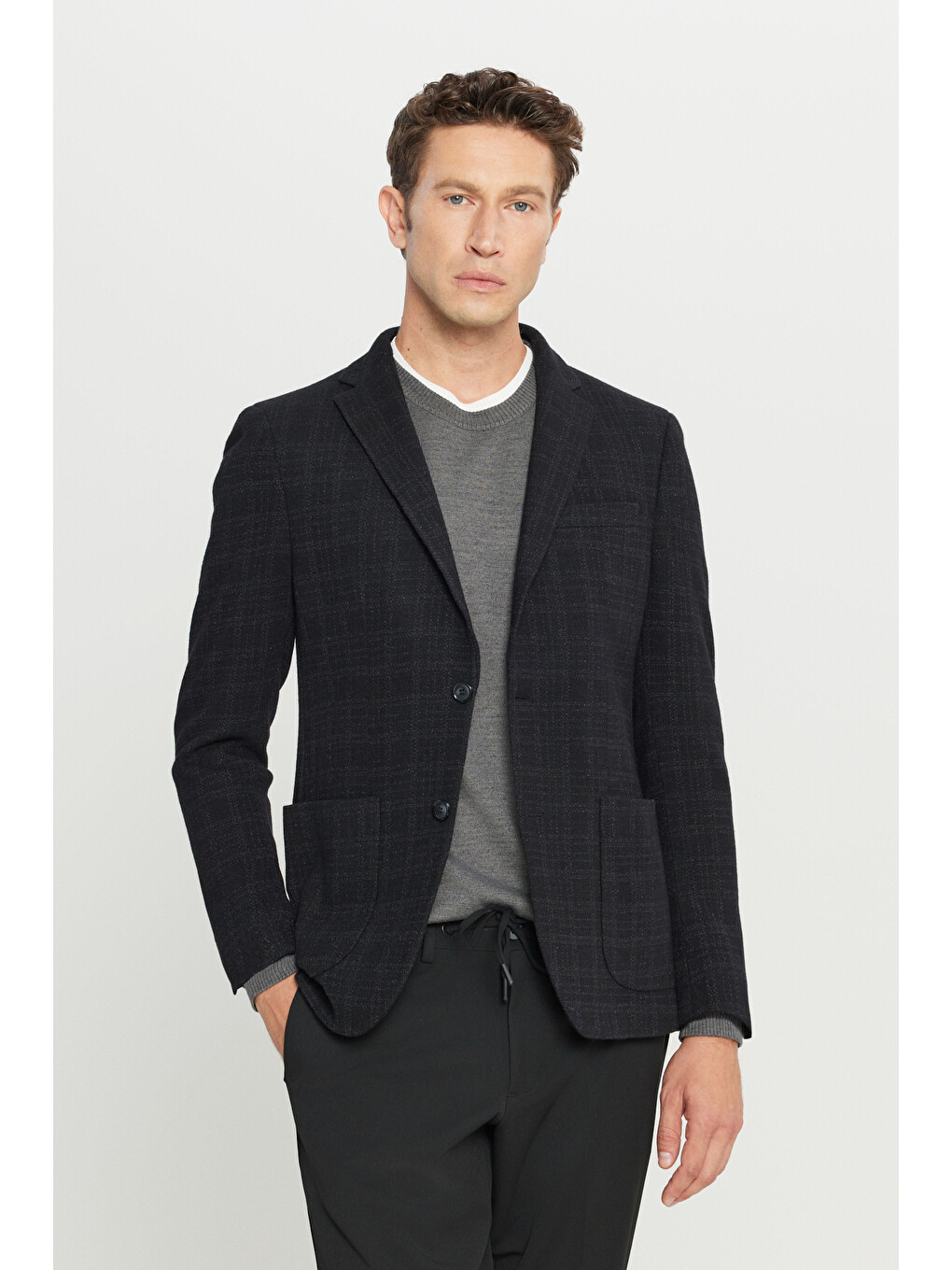 Erkek Siyah Yünlü Slim Fit Dar Kesim Mono Yaka Ekose Desenli Blazer Ceket