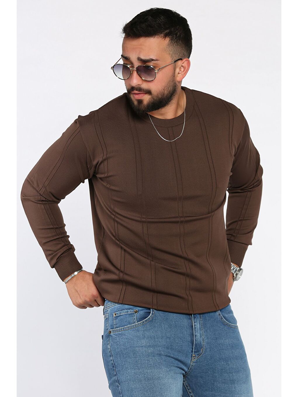 Kahverengi Erkek Bisiklet Yaka Triko Kazak-1