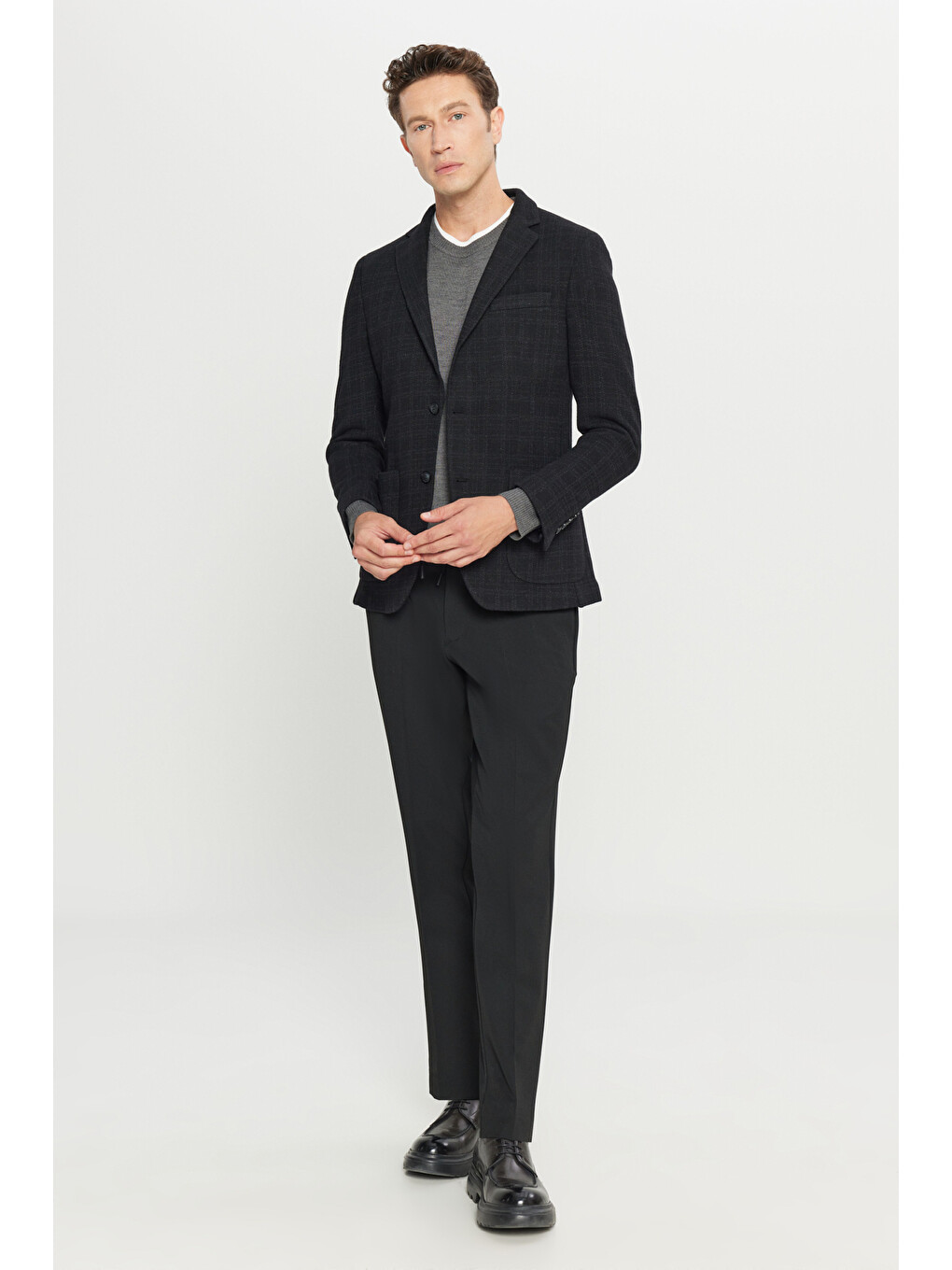 Erkek Siyah Yünlü Slim Fit Dar Kesim Mono Yaka Ekose Desenli Blazer Ceket-1