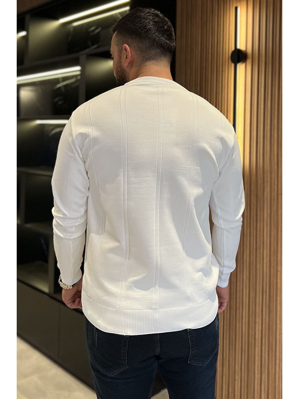 Beyaz Erkek Bisiklet Yaka Triko Kazak-2