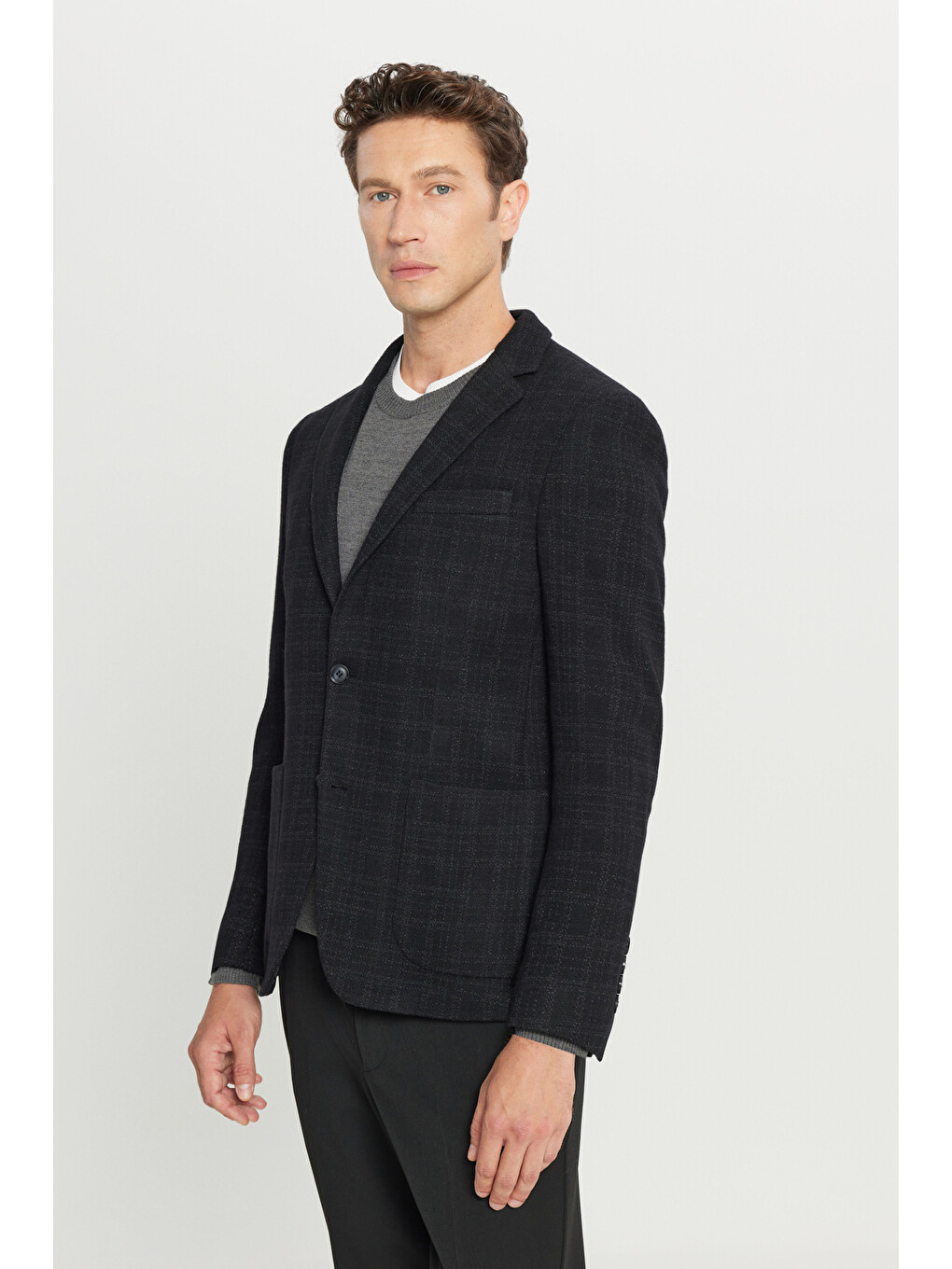 Erkek Siyah Yünlü Slim Fit Dar Kesim Mono Yaka Ekose Desenli Blazer Ceket-2
