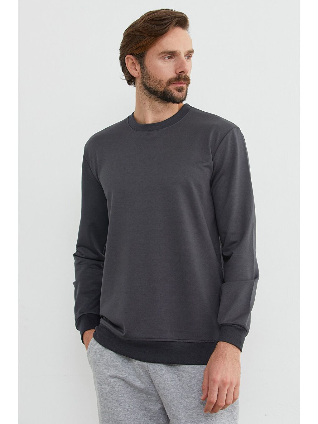 Antrasit Basic Bisiklet Yaka Sweatshirt-2