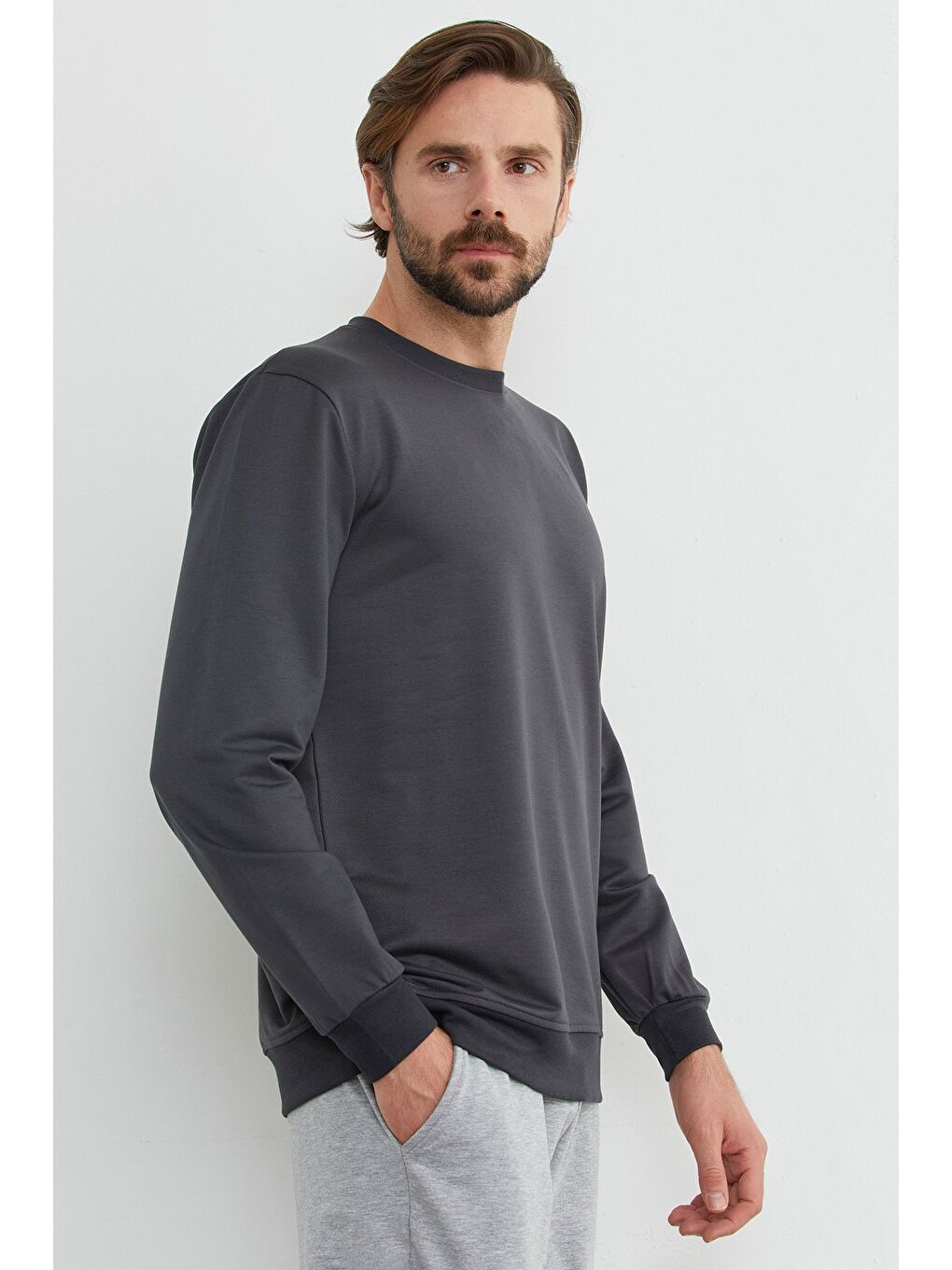 Antrasit Basic Bisiklet Yaka Sweatshirt-3