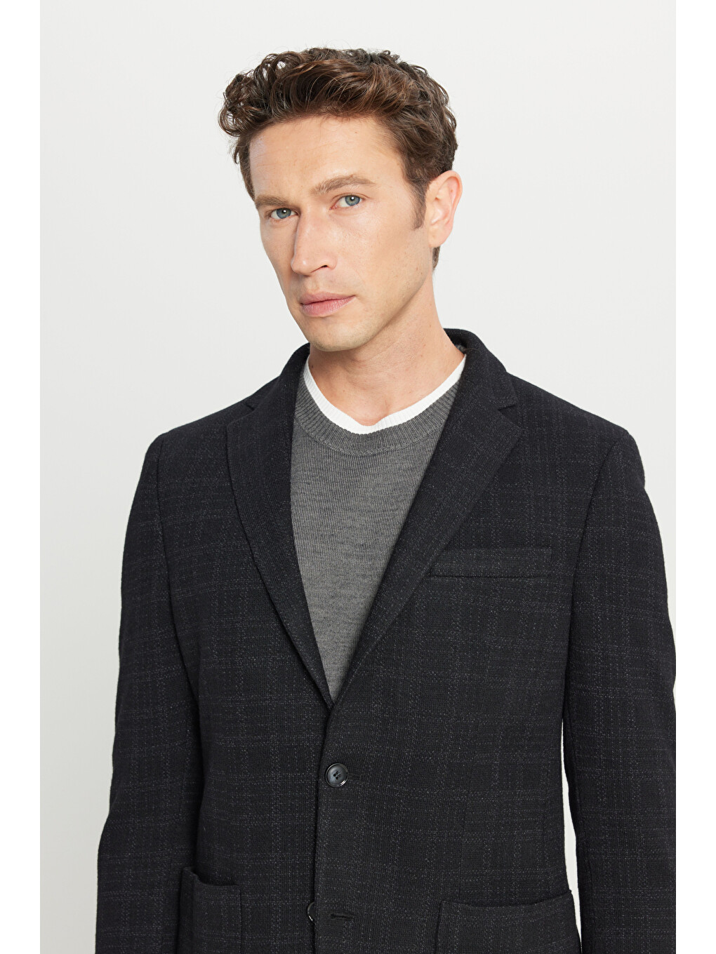Erkek Siyah Yünlü Slim Fit Dar Kesim Mono Yaka Ekose Desenli Blazer Ceket-3