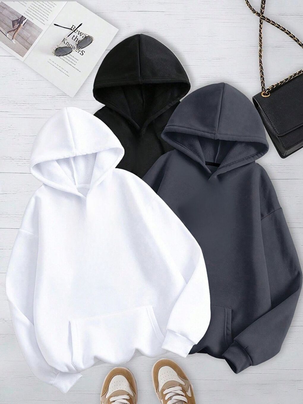 Karışık 3lü Set Beyaz Füme Siyah Düz Kapüşonlu Sweatshirt