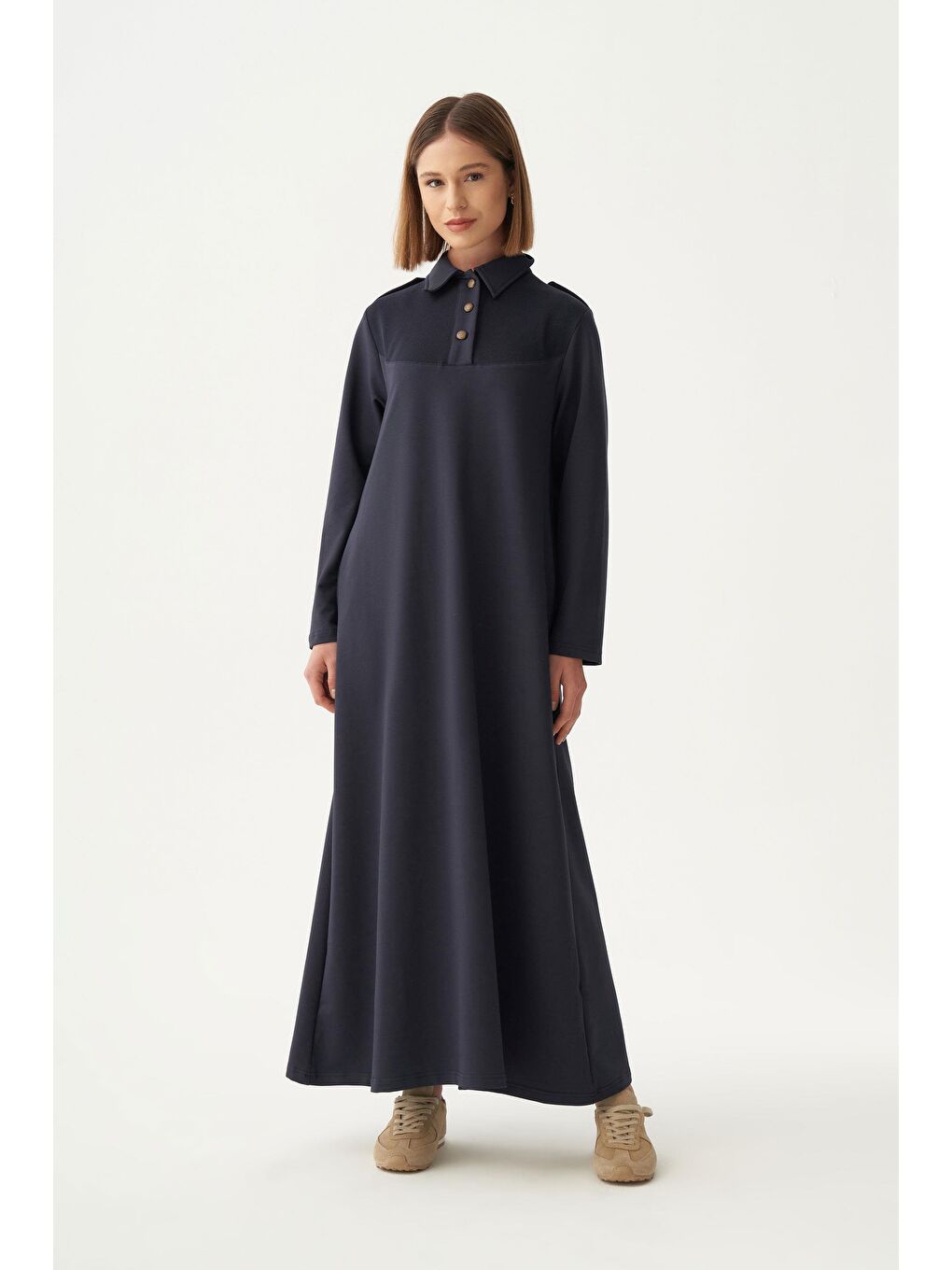 Lacivert-Gömlek Yaka Apoletli  Elbise-3