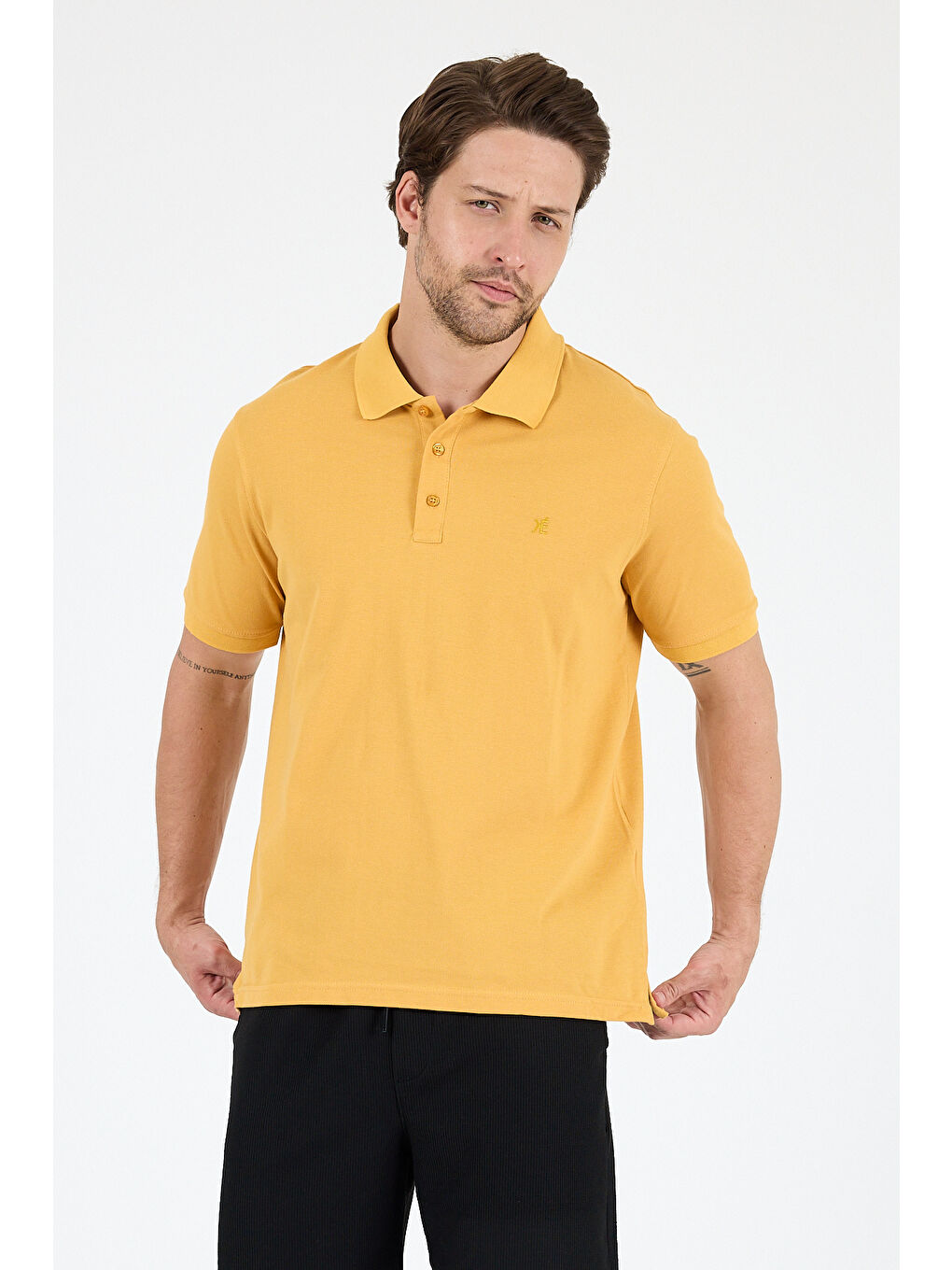 Sarı Polo Yaka Kısa Kollu Pike Erkek %100 Pamuk Tişört-1
