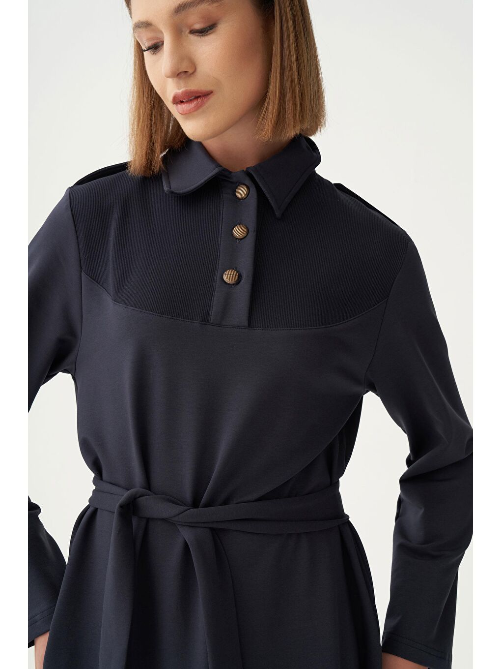 Lacivert-Gömlek Yaka Apoletli  Elbise-4