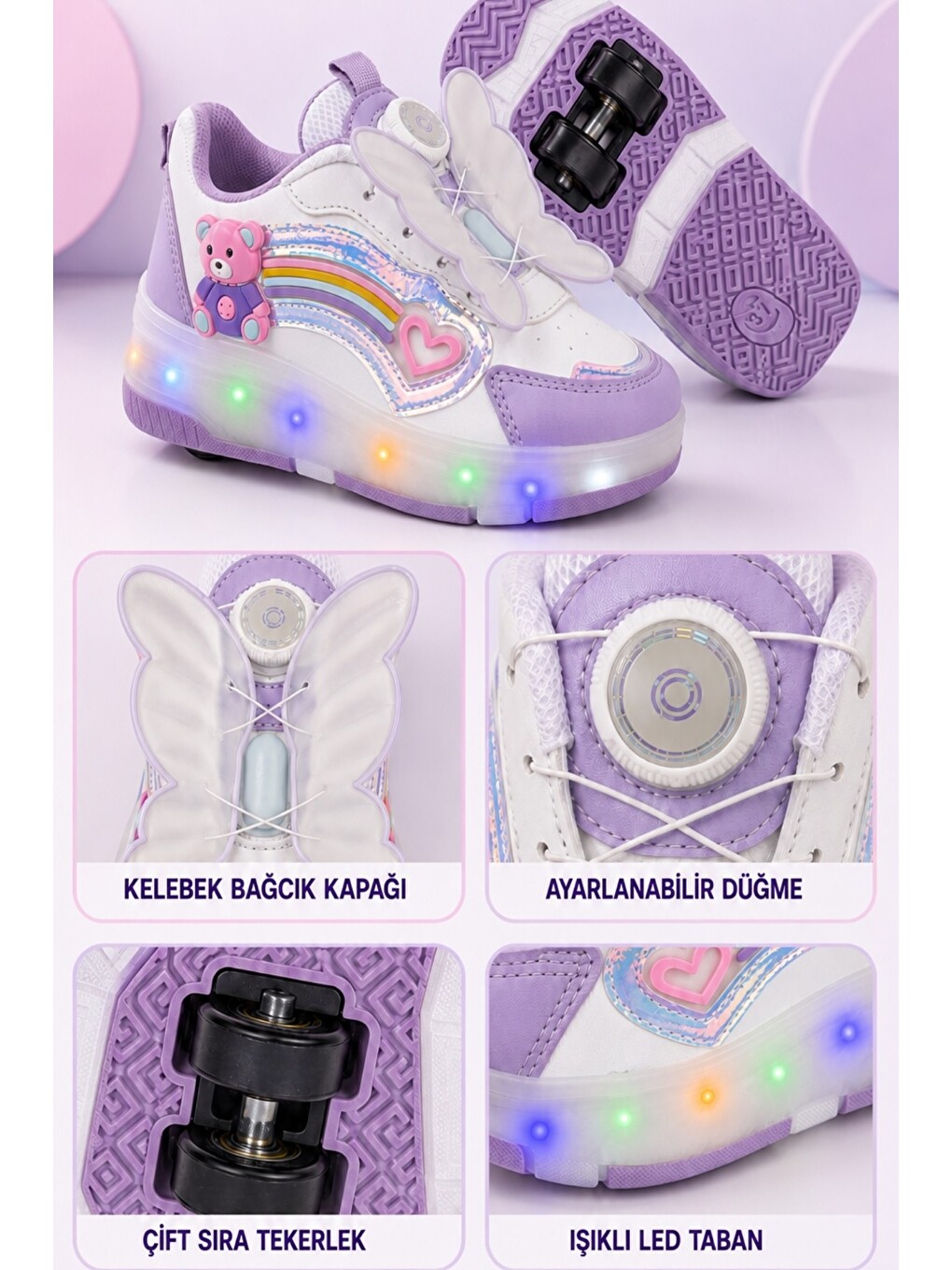 Lila Çocuk Işıklı Patenli Tekerlekli Sneaker Spor Ayakkabı-5