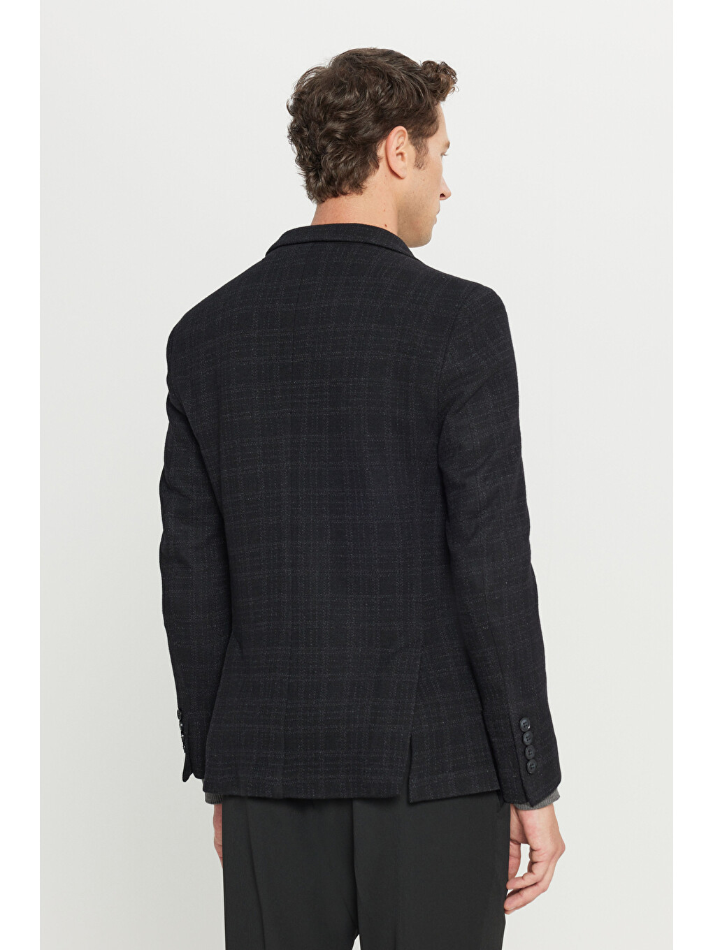 Erkek Siyah Yünlü Slim Fit Dar Kesim Mono Yaka Ekose Desenli Blazer Ceket-4