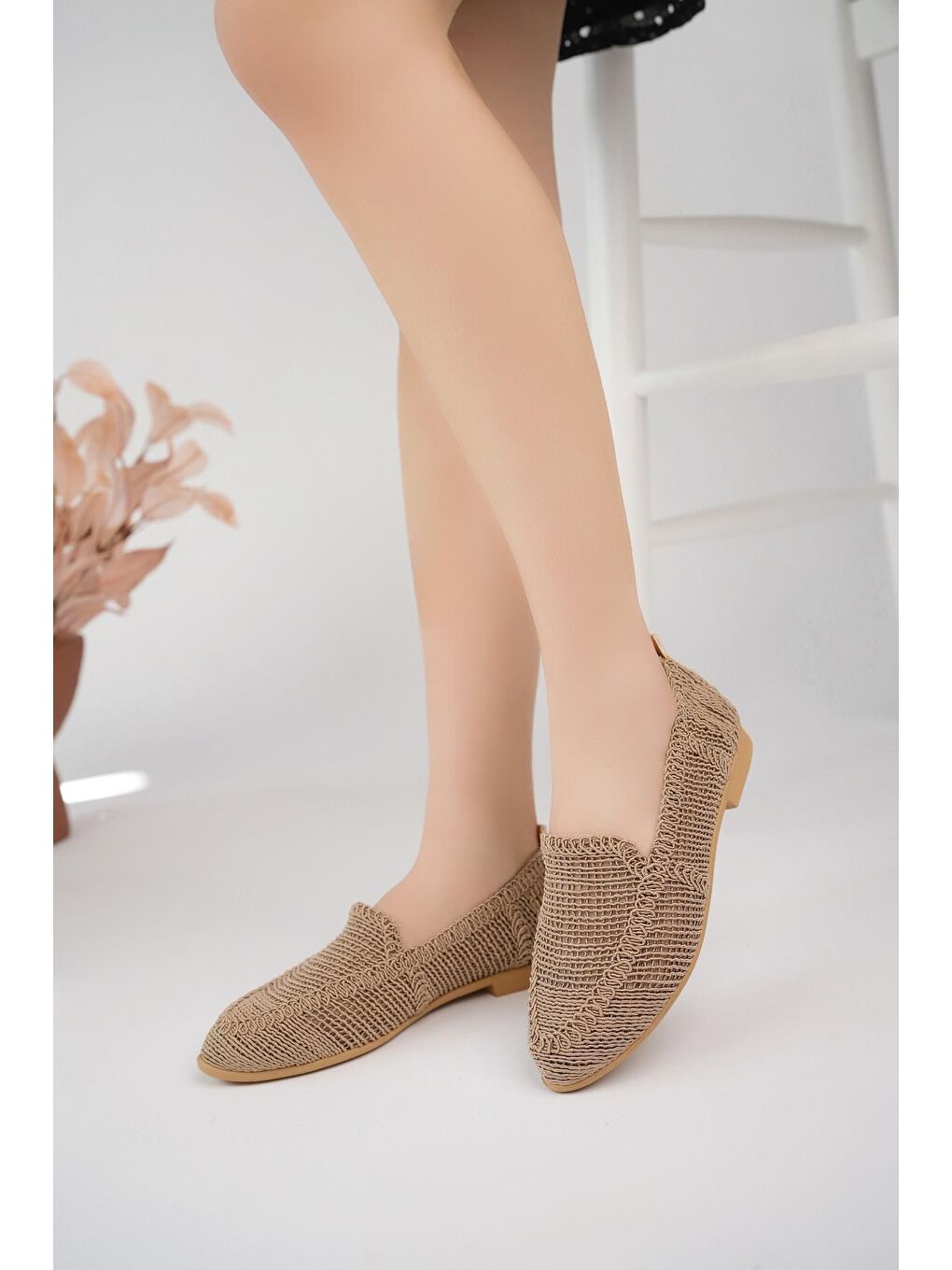 Bej PWR-700 Hasır Babet Günlük Kadın Ayakkabı Ev Babeti Ev Ayakkabısı
