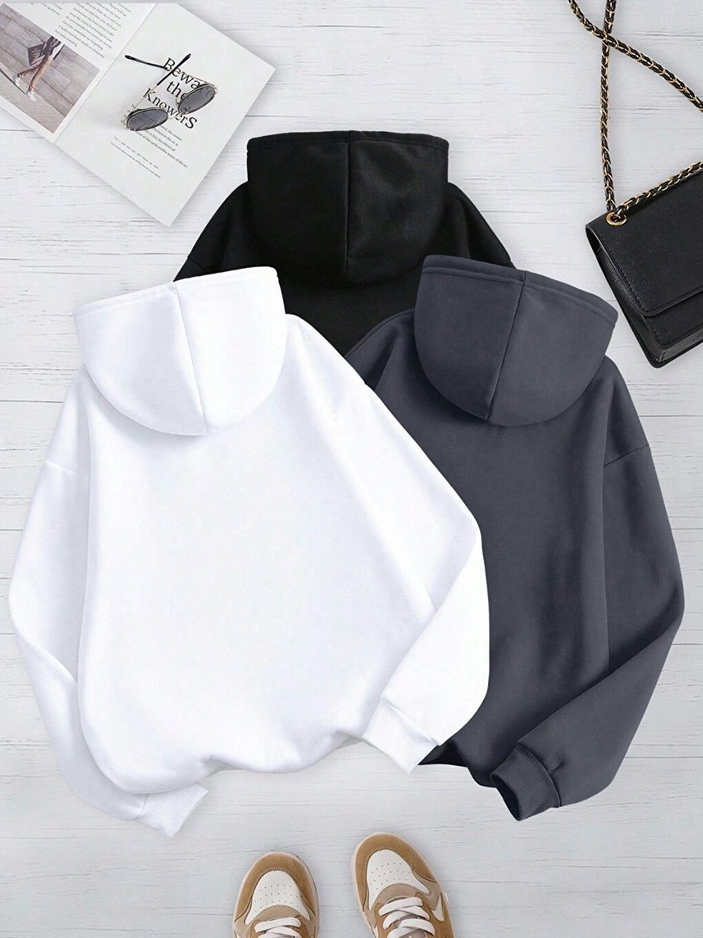 Karışık 3lü Set Beyaz Füme Siyah Düz Kapüşonlu Sweatshirt-1