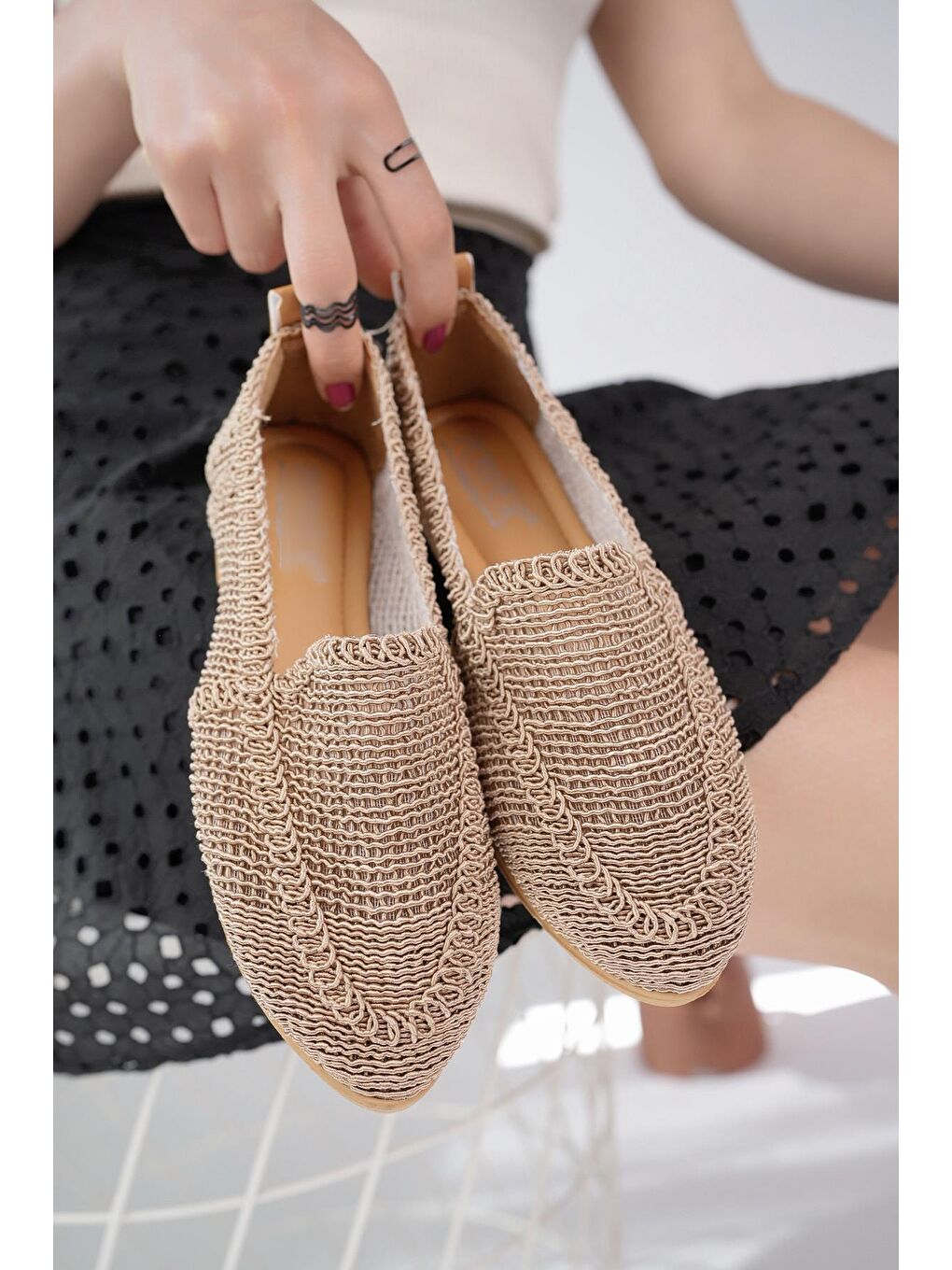 Bej PWR-700 Hasır Babet Günlük Kadın Ayakkabı Ev Babeti Ev Ayakkabısı-1