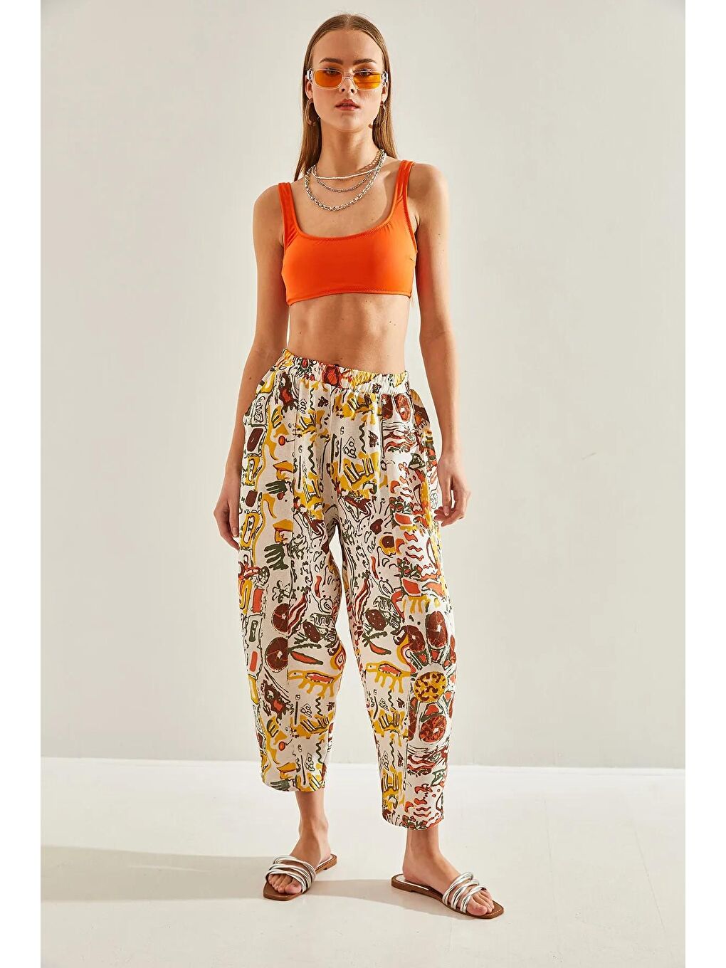 Bej Kadın Beli Lastikli Cepli Multi Desenli Keten Pantolon 60101058