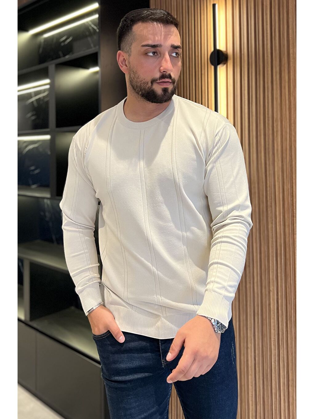 Bej Erkek Bisiklet Yaka Triko Kazak