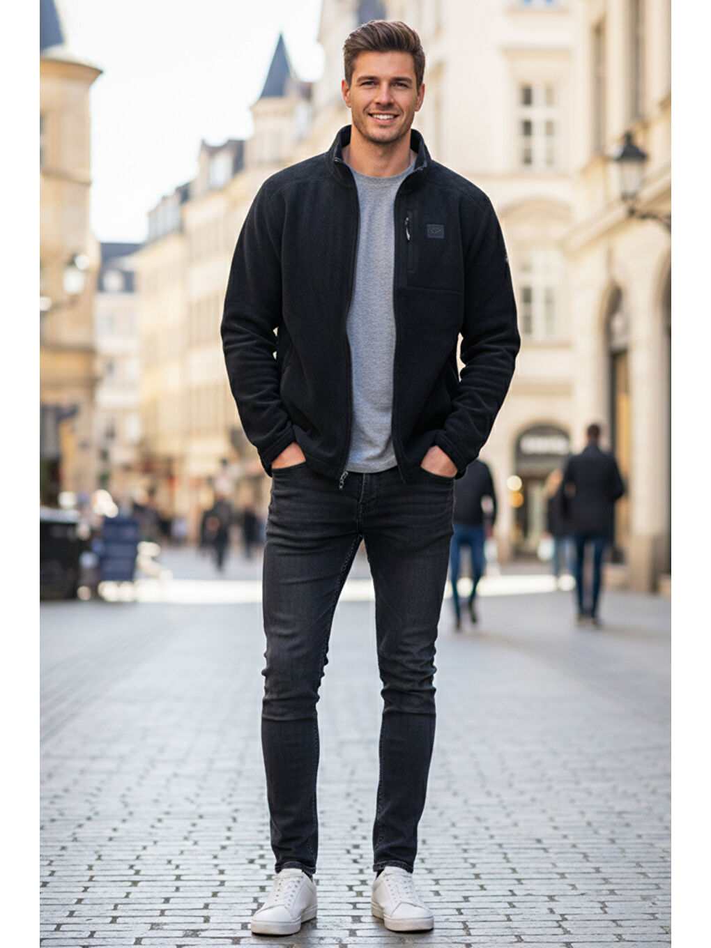 Erkek Polar Önü Fermuarlı Tek Üst Ceket 9527 Siyah-1