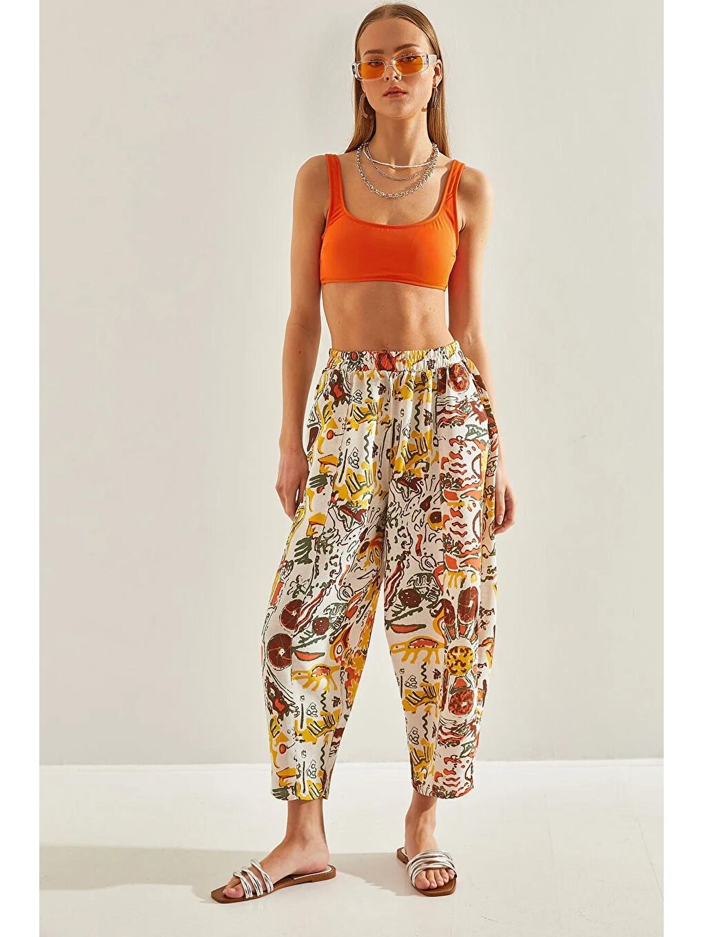 Bej Kadın Beli Lastikli Cepli Multi Desenli Keten Pantolon 60101058-1