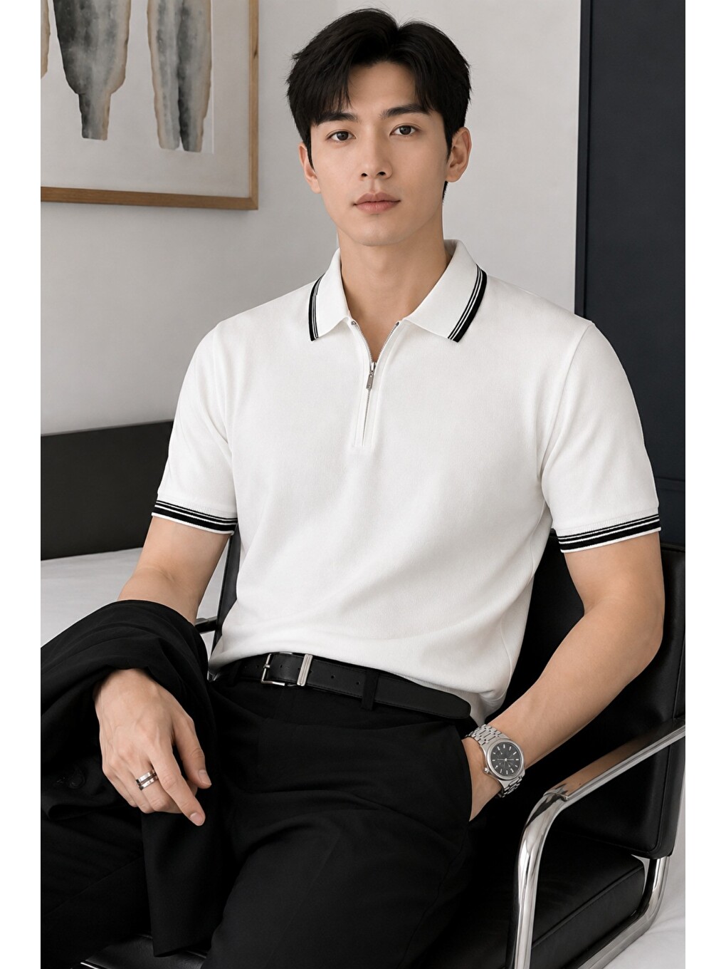 Beyaz Erkek Fermuar Yaka Triko Polo Tişört – Slim Fit Pamuklu Yazlık Triko-1