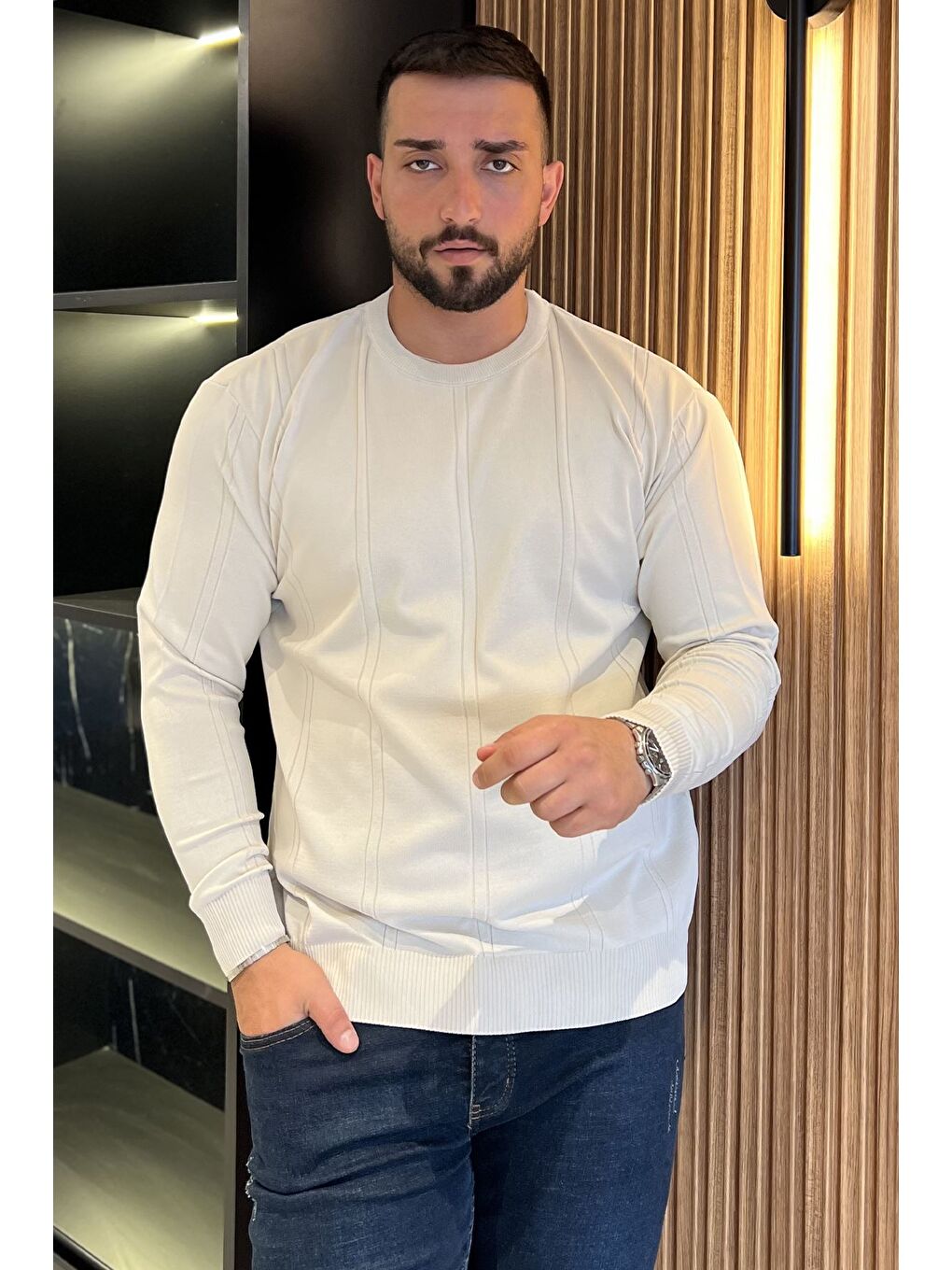 Bej Erkek Bisiklet Yaka Triko Kazak-1