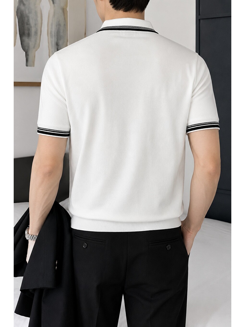 Beyaz Erkek Fermuar Yaka Triko Polo Tişört – Slim Fit Pamuklu Yazlık Triko-2