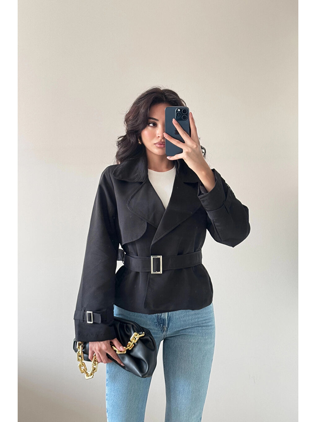 Kadın Siyah Kısa Trenç 1006-6061-3