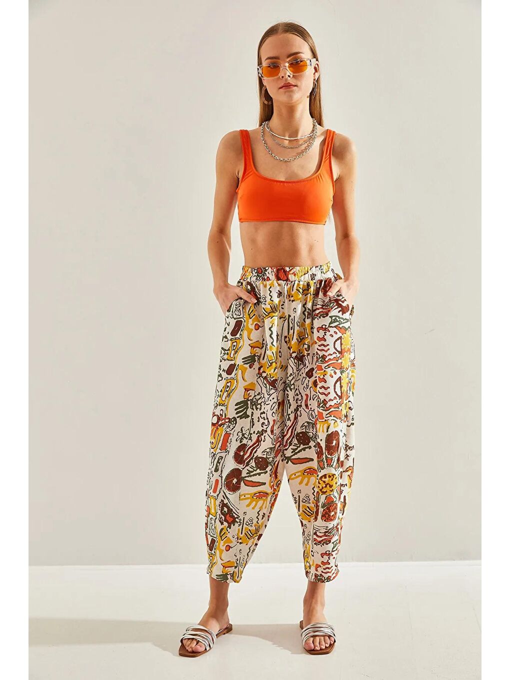 Bej Kadın Beli Lastikli Cepli Multi Desenli Keten Pantolon 60101058-3