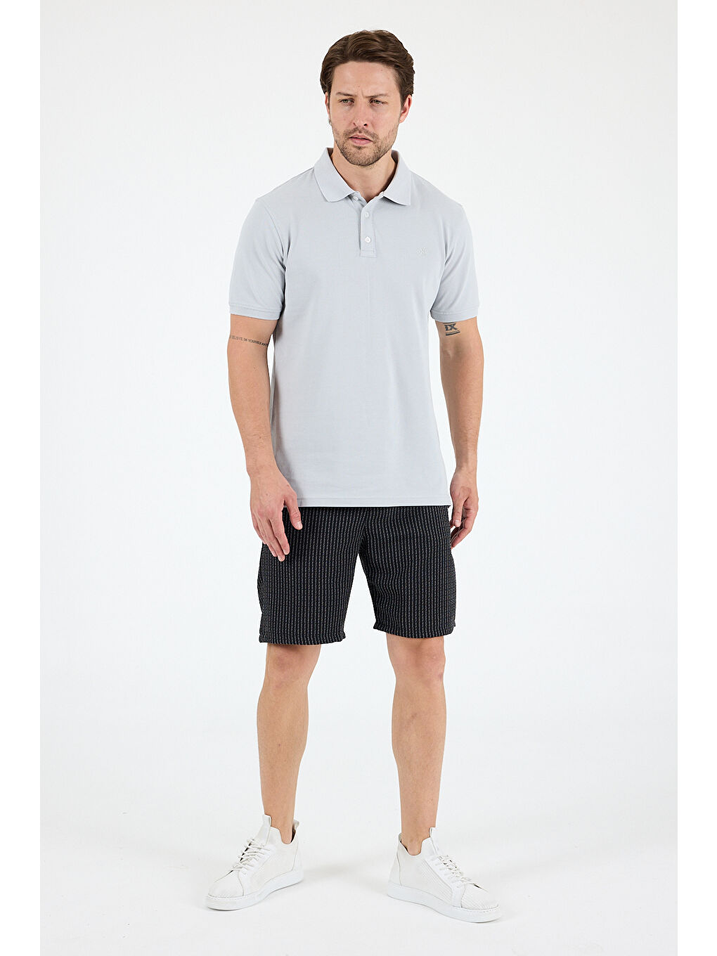 Gri Polo Yaka Kısa Kollu Pike Erkek %100 Pamuk Tişört-1