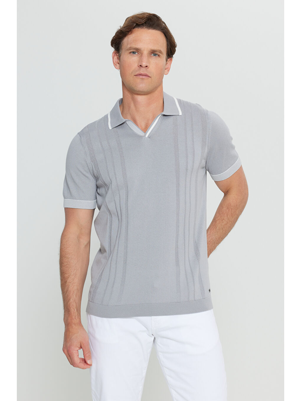 Erkek Gri %100 Pamuk Standart Fit Normal Kesim Bisiklet Yaka Jakarlı Triko Tişört-2