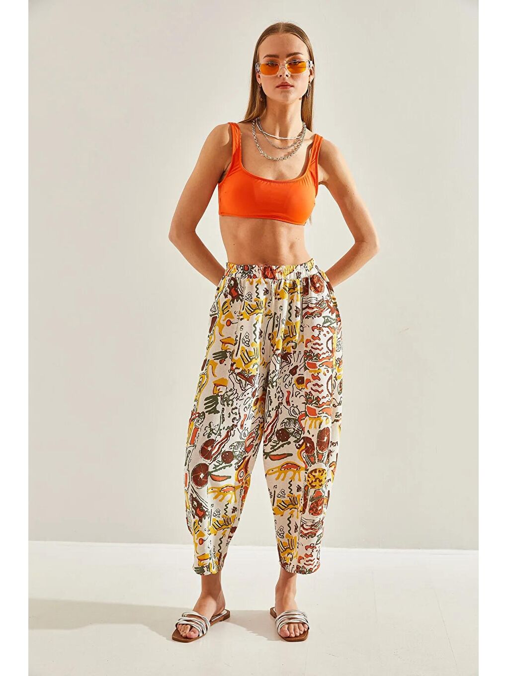 Bej Kadın Beli Lastikli Cepli Multi Desenli Keten Pantolon 60101058-4