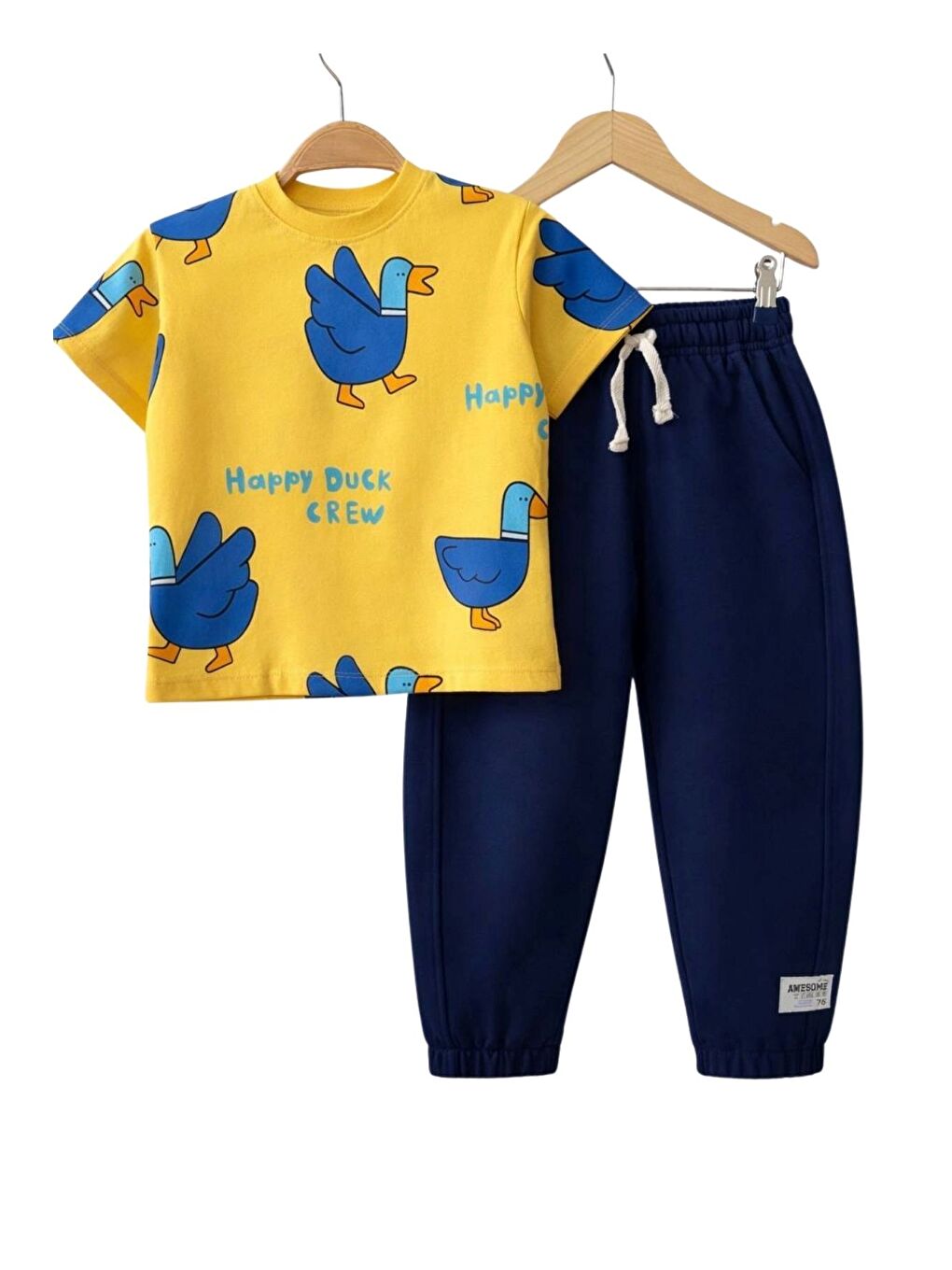 Mavi Happy Duck Baskılı Erkek Çocuk ALT - ÜST Takım %100 Pamuk Sarı Lacivert-2