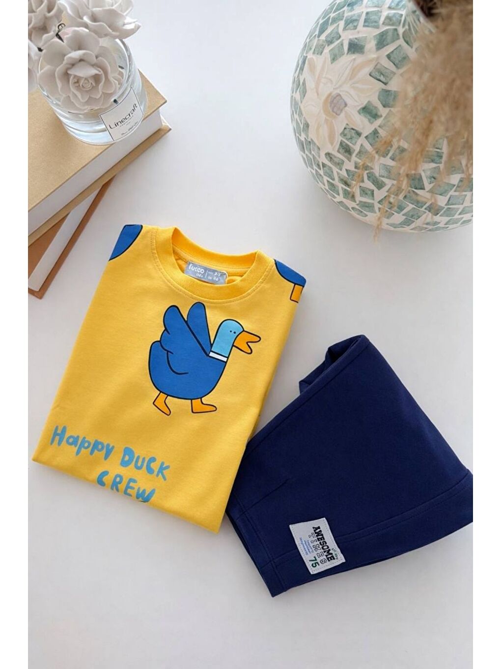 Mavi Happy Duck Baskılı Erkek Çocuk ALT - ÜST Takım %100 Pamuk Sarı Lacivert-3