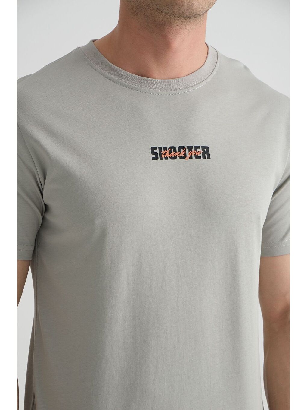 Gri Shooter Erkek T-Shirt Minimal Baskılı Pamuklu Kumaş Standart Kalıp-1