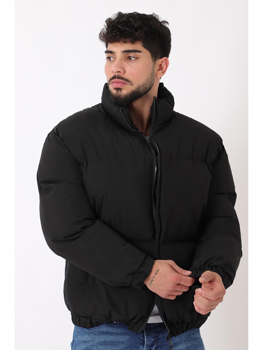 Siyah Dik Yaka Oversize Bomber Şişme Kışlık Mont PLDP 3018_50465