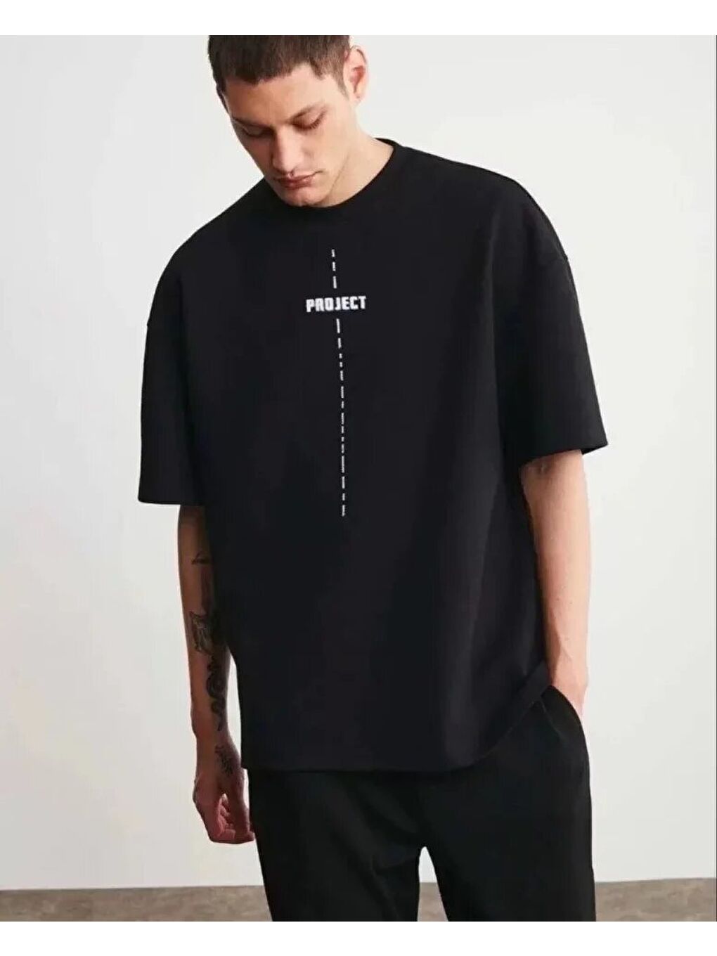 Unisex Bisiklet Yaka Baskılı Oversize T-Shirt - Siyah