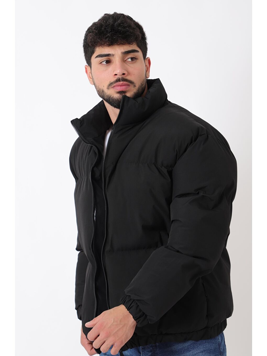 Siyah Dik Yaka Oversize Bomber Şişme Kışlık Mont PLDP 3018_50465-1