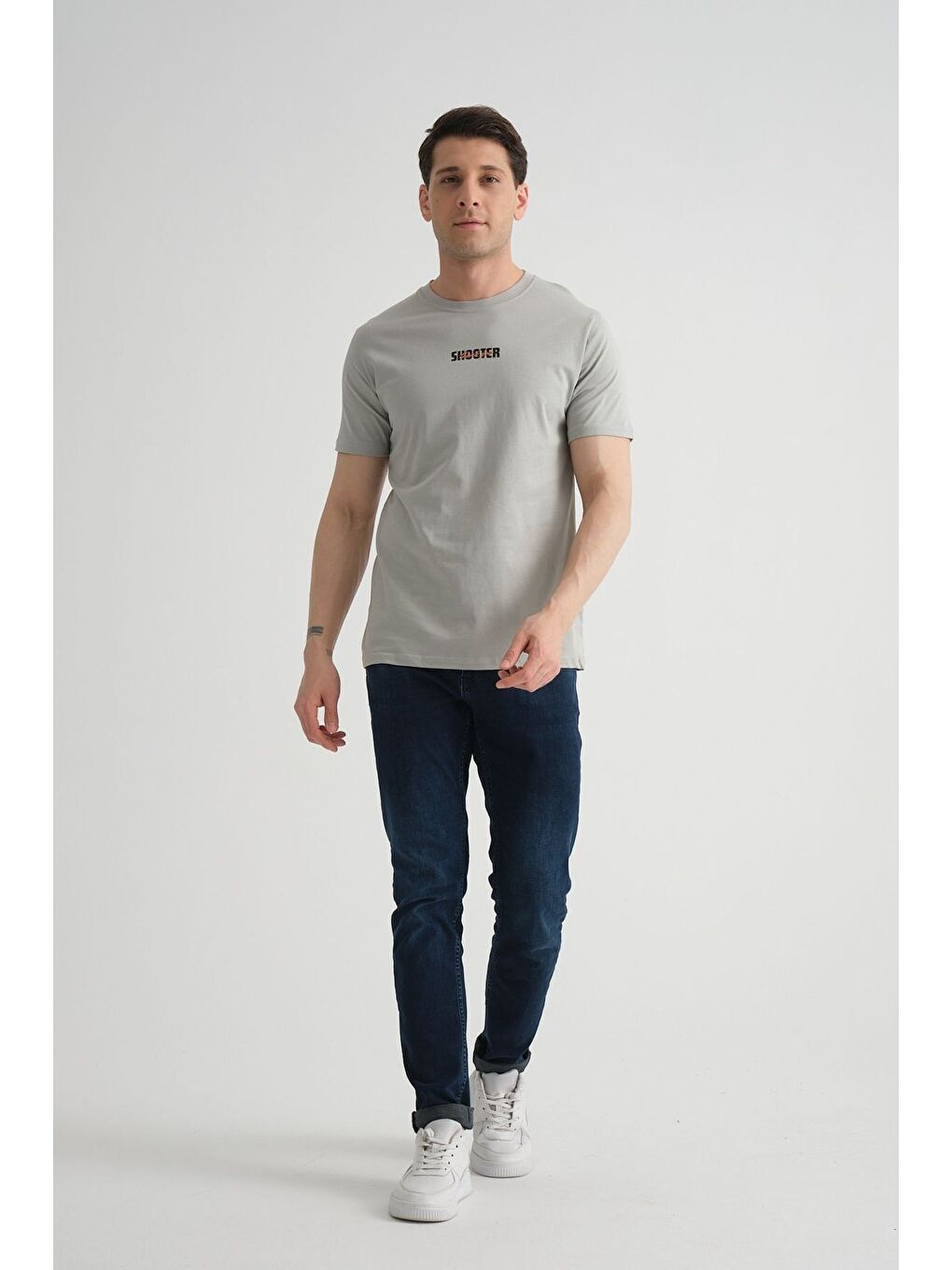 Gri Shooter Erkek T-Shirt Minimal Baskılı Pamuklu Kumaş Standart Kalıp-2