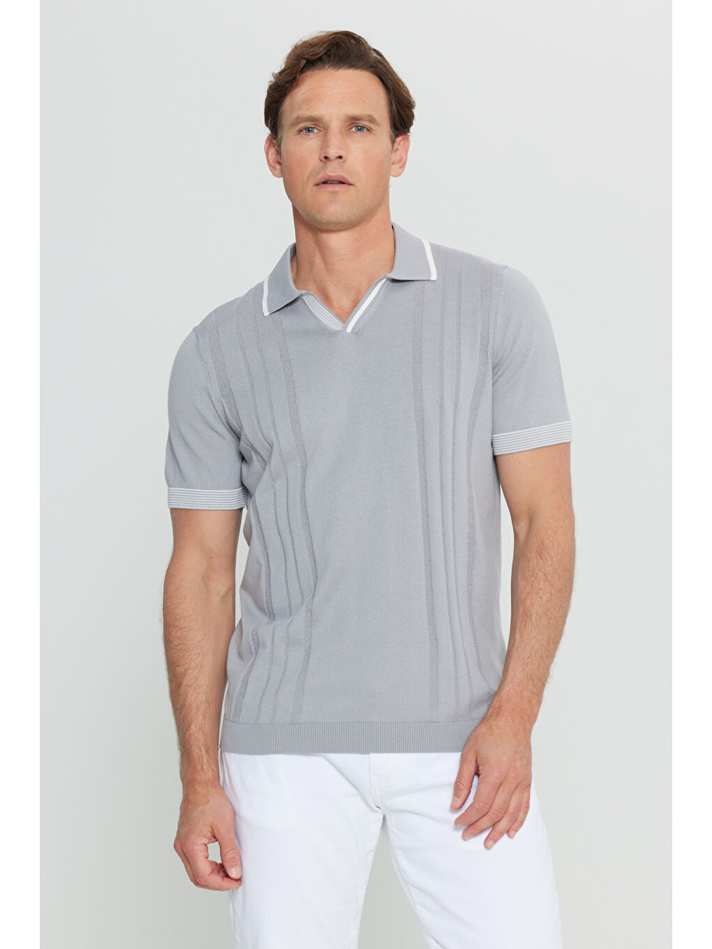 Erkek Gri %100 Pamuk Standart Fit Normal Kesim Bisiklet Yaka Jakarlı Triko Tişört-3