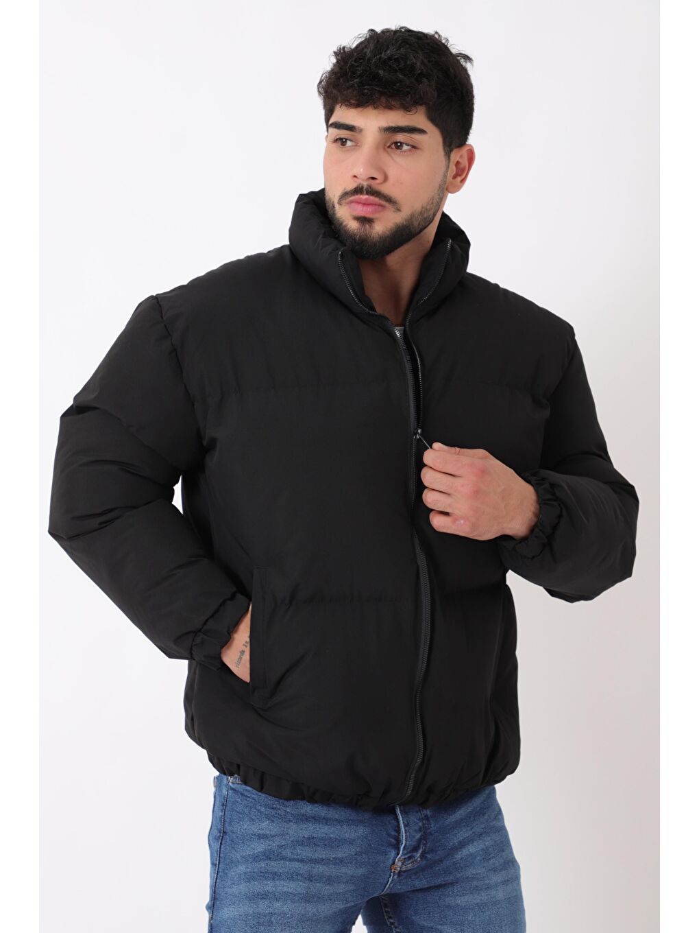 Siyah Dik Yaka Oversize Bomber Şişme Kışlık Mont PLDP 3018_50465-2