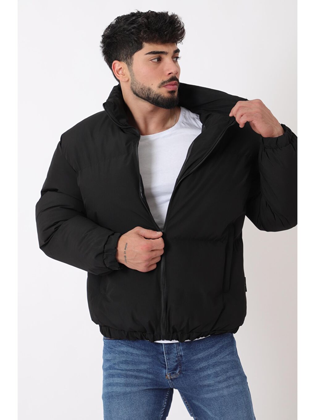 Siyah Dik Yaka Oversize Bomber Şişme Kışlık Mont PLDP 3018_50465-3