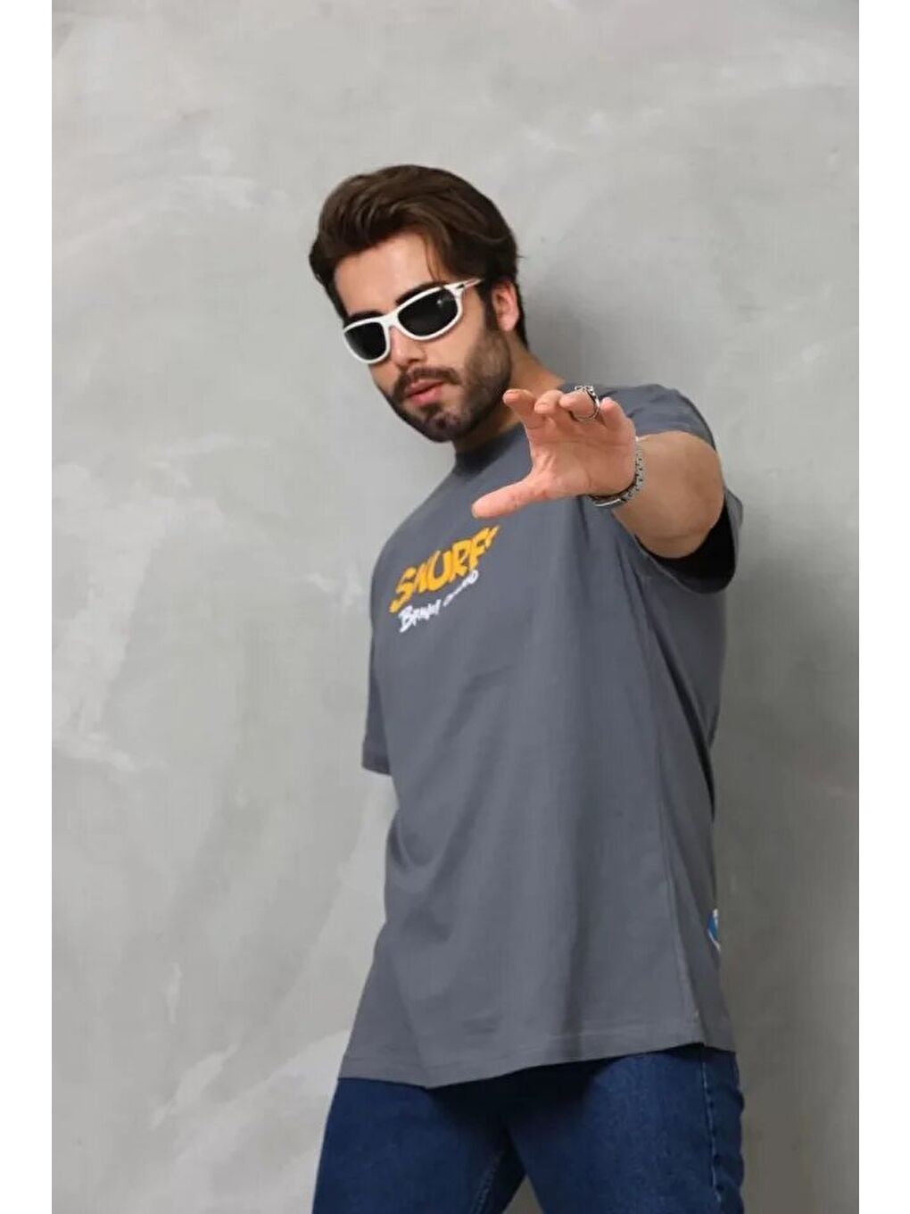 Gri Unisex Basic Bisiklet Yaka Oversize T-Shirt - Füme-1