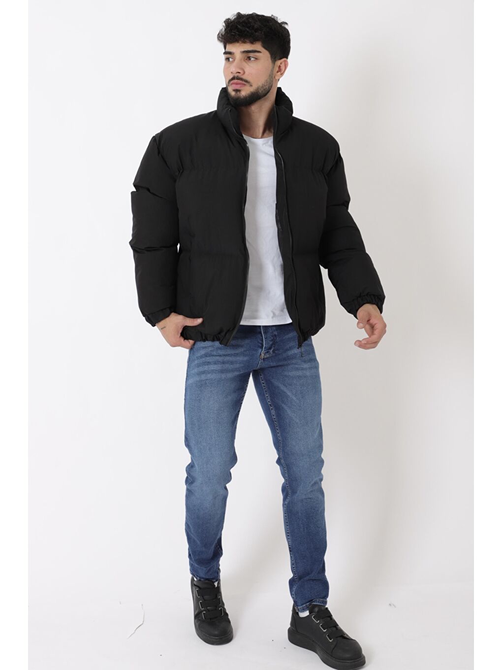 Siyah Dik Yaka Oversize Bomber Şişme Kışlık Mont PLDP 3018_50465-4